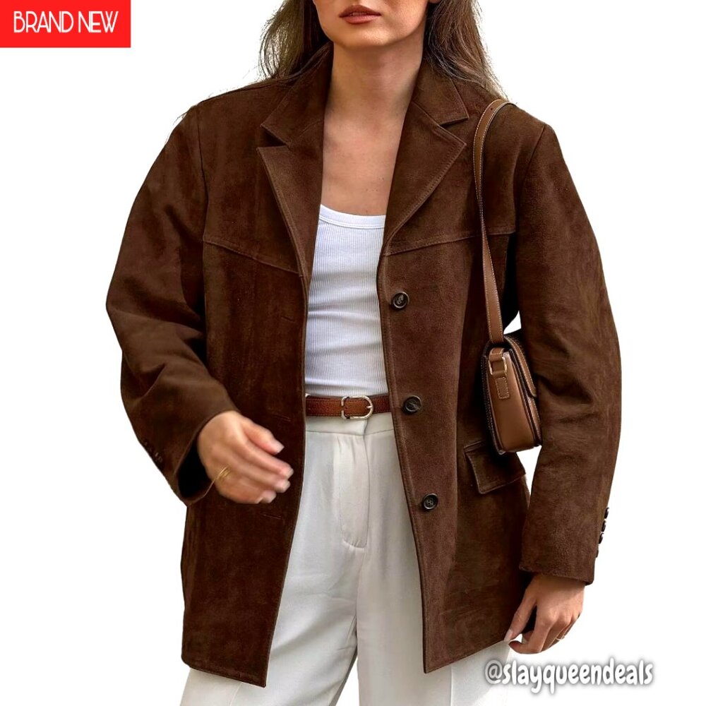 Faux Suede Blazer Jacket Notched Lapel Single Breasted Women's Leather Style